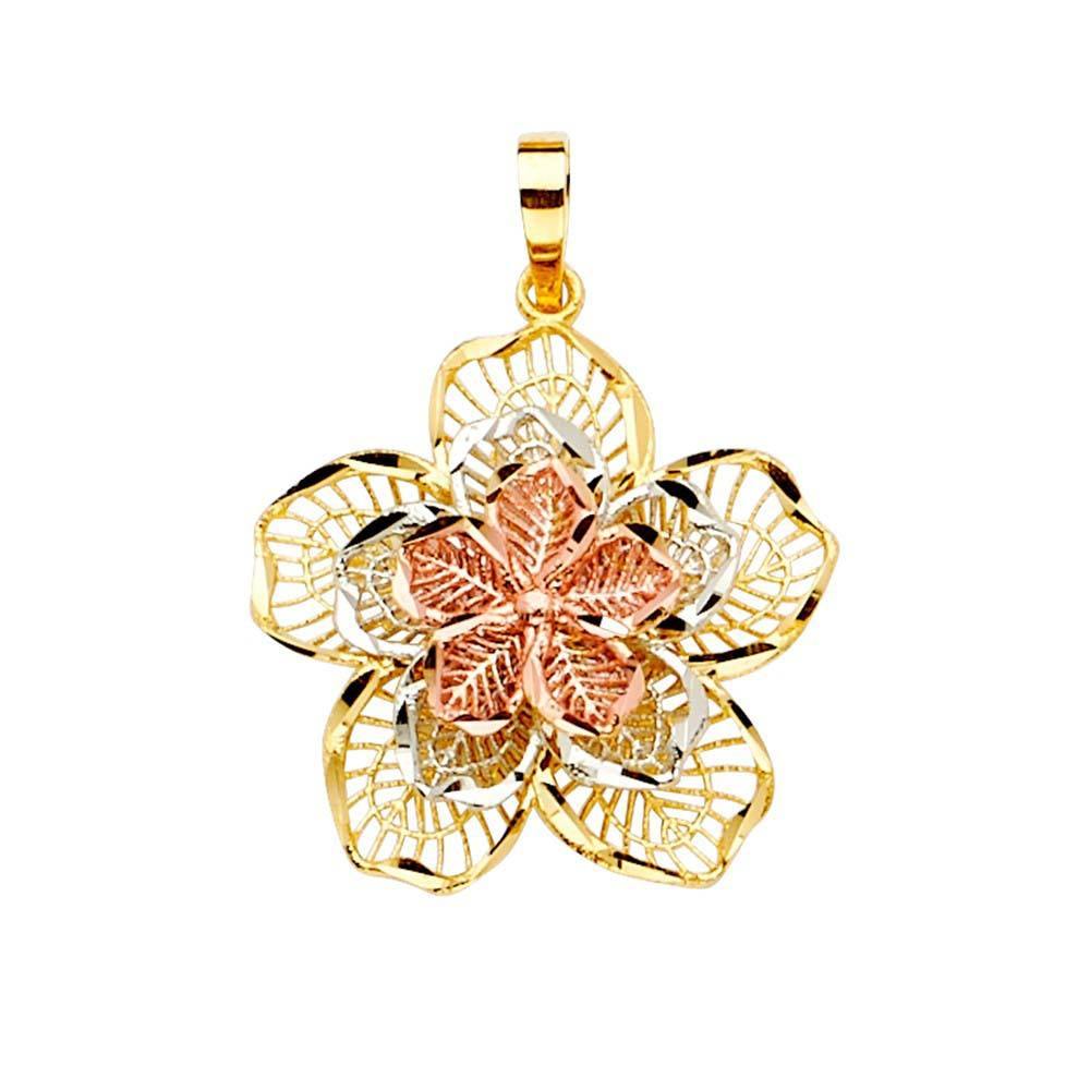 14K Gold 23mm Tri Color Filigree Flower Pendant