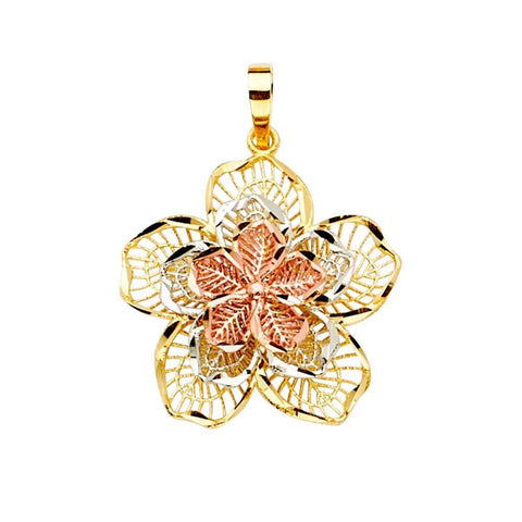 14K Gold 23mm Tri Color Filigree Flower Pendant