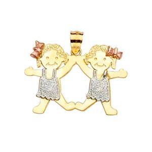 14k Yellow Gold 28mm Girl-Girl Assorted Pendant