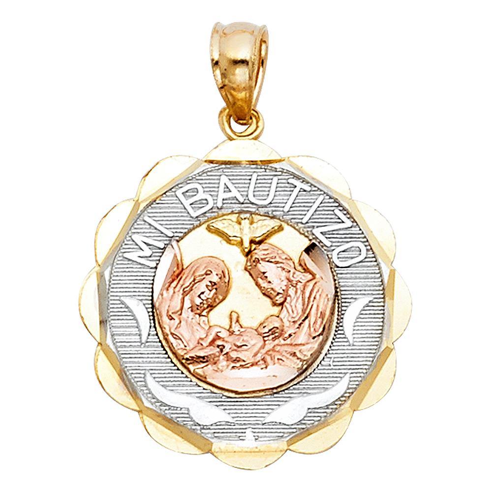 14K Tri Color 18mm Baptism Religious Pendant - silverdepot