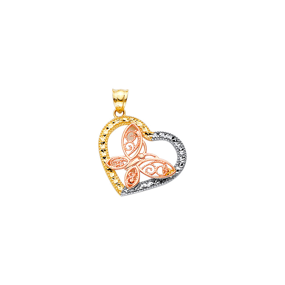 14K Tricolor Gold Butterfly in a Heart Pendant