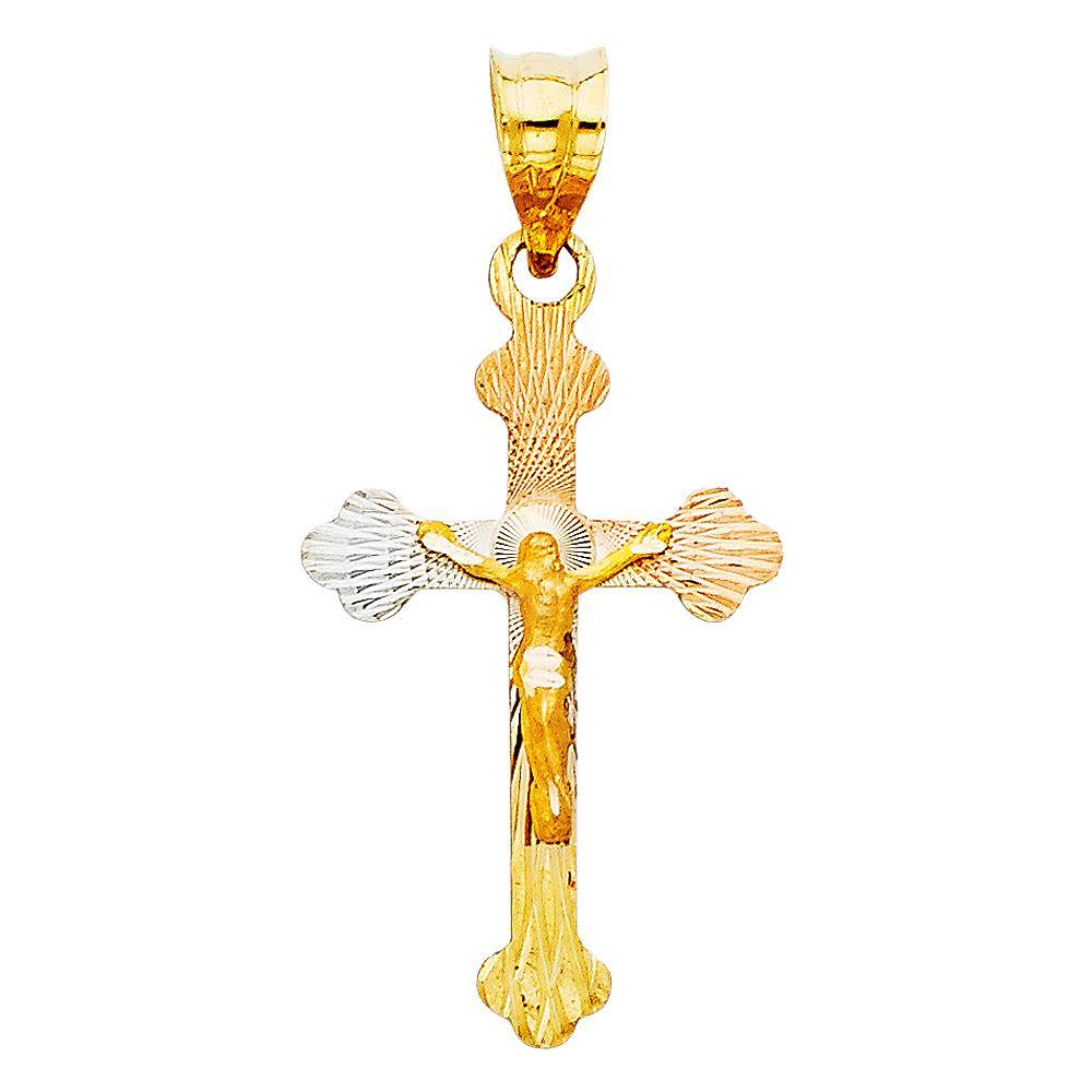 14K Tri Color 15mm DC Crucifix Jesus Cross Stamp Religious Pendant - silverdepot