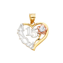 Load image into Gallery viewer, 14K Tri Color 20mm Anos Sweet 15 Years Heart Pendant