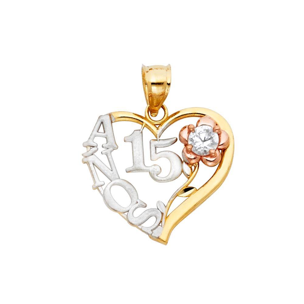 14K Tri Color 20mm Anos Sweet 15 Years Heart Pendant - silverdepot