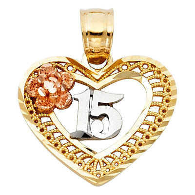 14K Tri Color 17mm 15 Years Years Heart Pendant - silverdepot