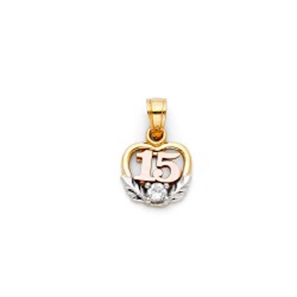 14K Tri Color 10mm Sweet 15 Years Heart CZ Pendant - silverdepot