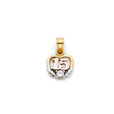 14K Tri Color 10mm Sweet 15 Years Heart CZ Pendant - silverdepot
