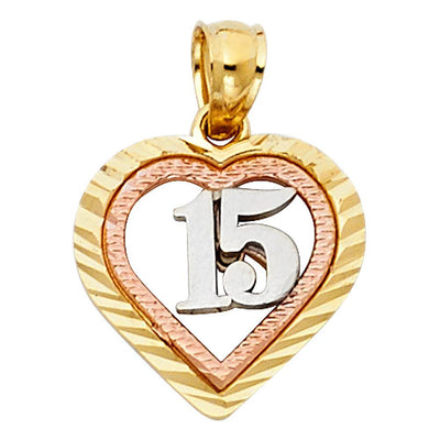 14K Tri Color 13mm Sweet 15 Years Heart Pendant - silverdepot