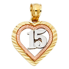 14K Tri Color 13mm Sweet 15 Years Heart Pendant