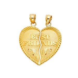 14k Yellow Gold 22mm "BEST FRIENDS" Broken Heart Pendant