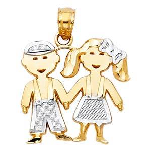 14k Two Tone Gold 15mm Girl And Boy Pendant