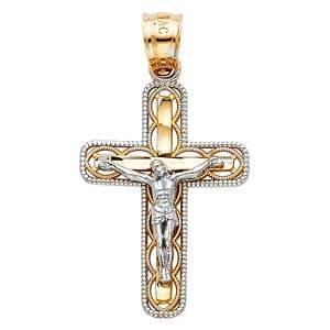 14K Gold 16mm Two Tone Jesus Crucifix Cross Religious Pendant - silverdepot