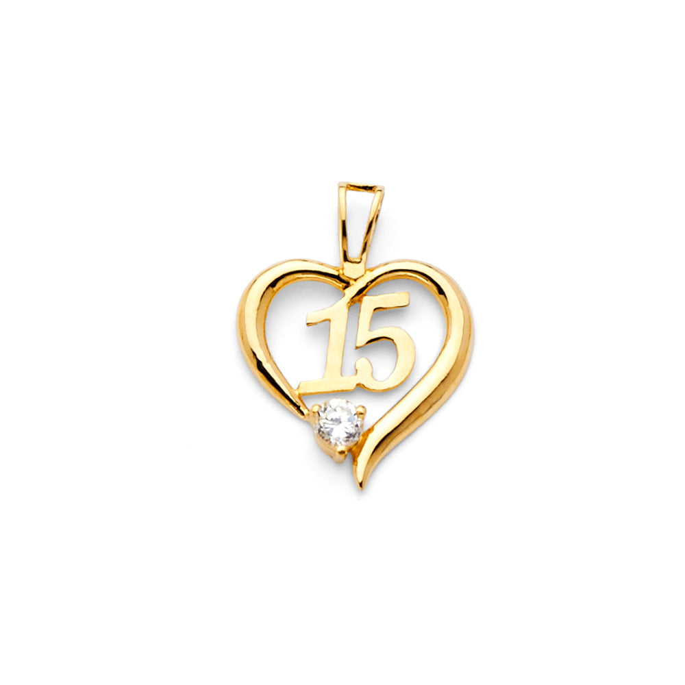 14K Yellow Gold 15mm Sweet 15 Years CZ Pendant