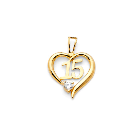 14K Yellow Gold 15mm Sweet 15 Years CZ Pendant