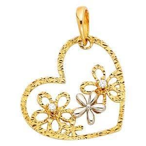 14K Gold 18mm Two Tone CZ Flower Heart Pendant - silverdepot