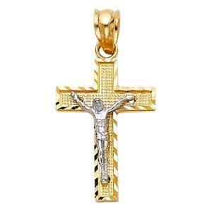 14K Gold 13mm Two Tone Jesus Crucifix Cross Religious Pendant - silverdepot