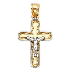 14K Gold 13mm Two Tone Jesus Crucifix Cross Religious Pendant