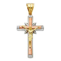 14K Tri Color 26mm CZ Jesus Religious Crucifix Cross Pendant