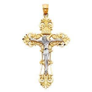 14K Gold 29mm Two Tone Religious Crucifix Pendant