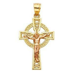 14K Gold 18mm Two Tone Jesus Crucifix Cross Religious Pendant