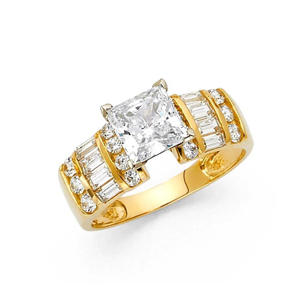 14K Yellow Gold 2.5-CT 4-Prong Princess With Baguette And Polished Finish Round Side CZ Engagement Ring