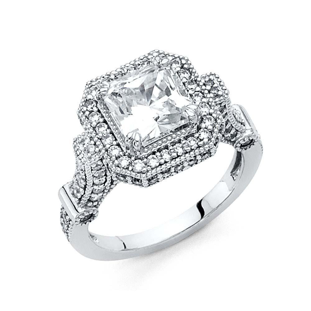 14K White Gold 2.5mm Cubic Zirconia Center Stone Princess Shaped Engagement Ring - silverdepot