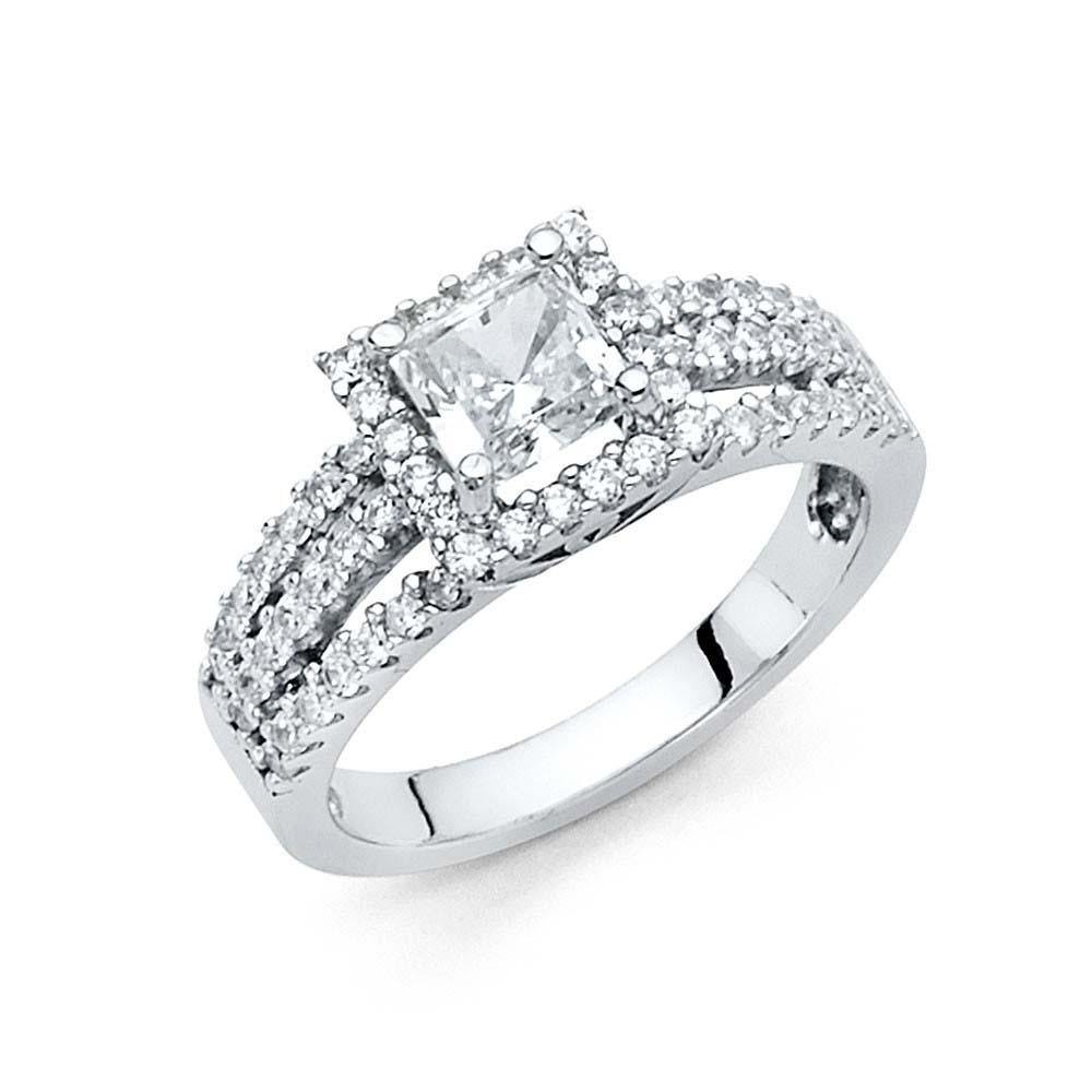 14K White Gold 6mm 3-Row Scalloped Split Shank Side Halo Princess-Cut CZ Wedding Ring