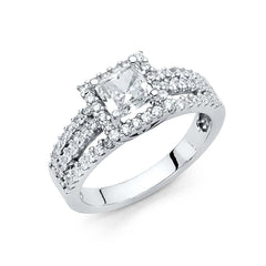 14K White Gold 6mm 3-Row Scalloped Split Shank Side Halo Princess-Cut CZ Wedding Ring