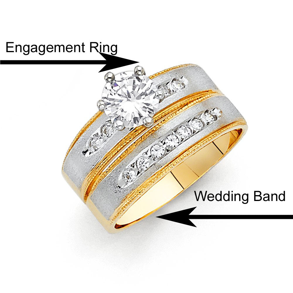 14K Two Tone 4mm CZ Wedding Trio Ladies Wedding Band Sets