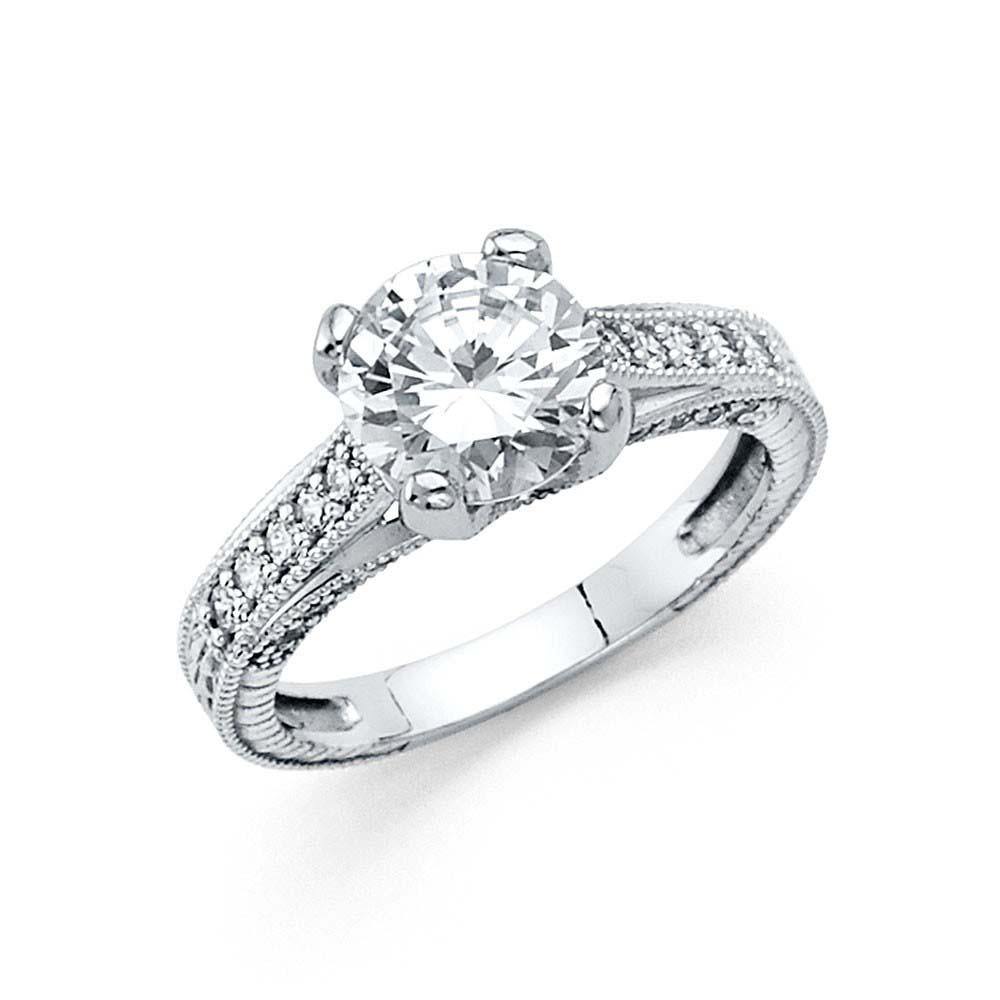 14K White Gold Art Pave Setting Deco Engraved 1-CT Polished Finish Milgrain Round-Cut CZ Engagement Ring