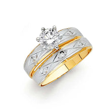 Load image into Gallery viewer, 14K Two Tone 4mm CZ Wedding Trio Ladies Wedding Band Sets