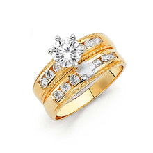 Load image into Gallery viewer, 14K Two Tone 4mm CZ Wedding Trio Ladies Wedding Band Sets
