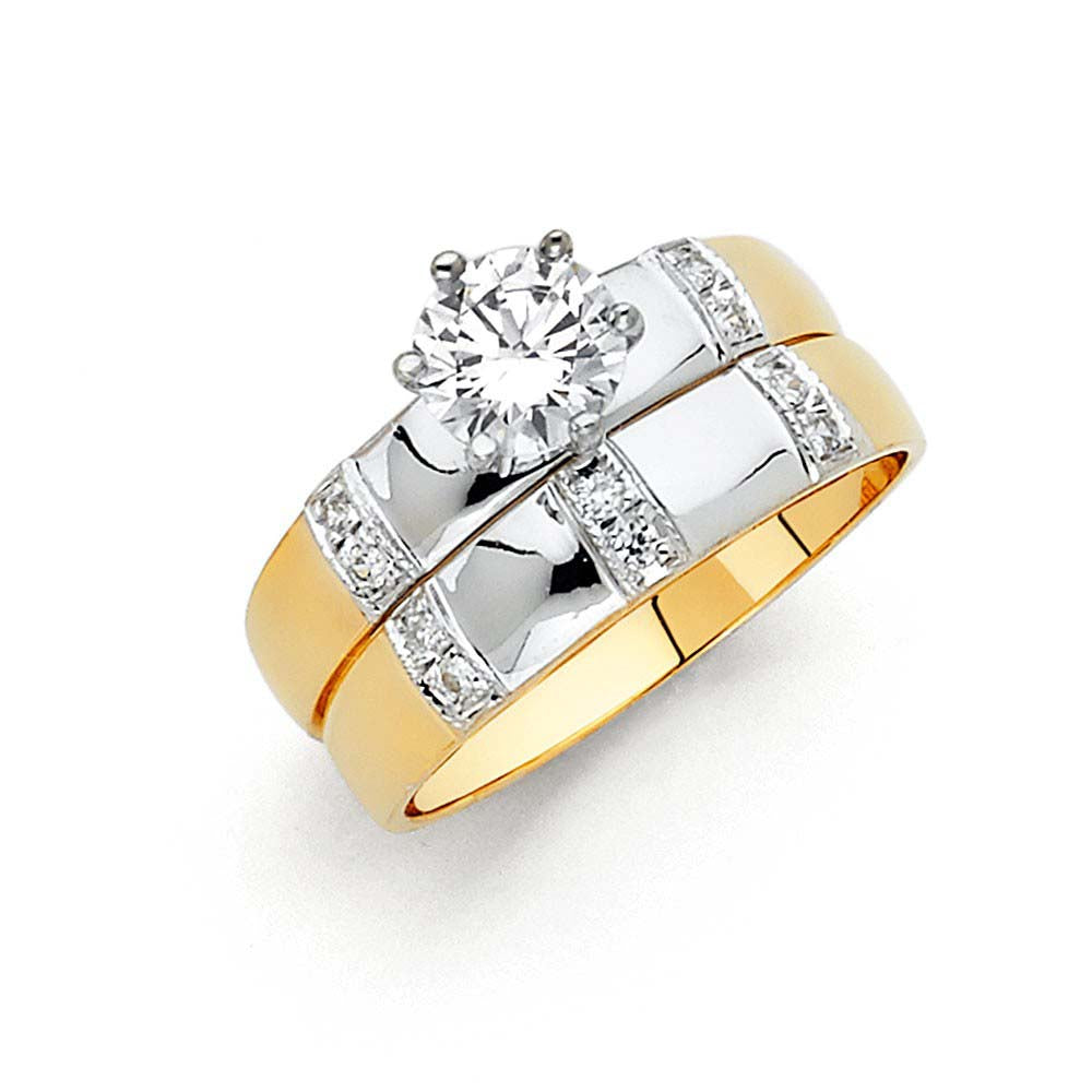 14K Two Tone 4mm CZ Wedding Trio Ladies Wedding Band Sets