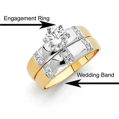 14K Two Tone 4mm CZ Wedding Trio Ladies Wedding Band Sets