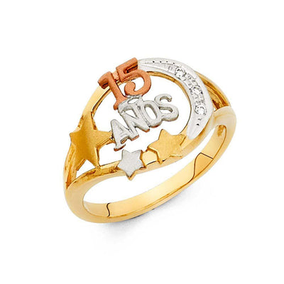 14K Tri Color 13mm Clear CZ 15 Years Ring - silverdepot