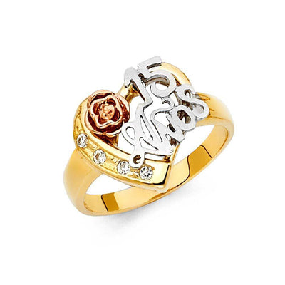 14K Tri Color 15mm Clear CZ 15 Years Heart Ring - silverdepot