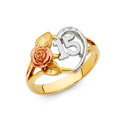 14K Tri Color 13mm Clear CZ 15 Years Heart Ring - silverdepot