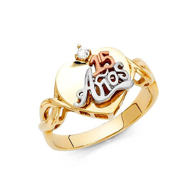 14K Tri Color 13mm Clear CZ 15 Years Heart Ring - silverdepot