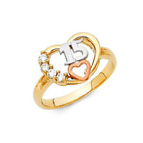14K Tri Color 11mm Clear CZ 15 Years Heart Ring