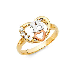 14K Tri Color 11mm Clear CZ 15 Years Heart Ring