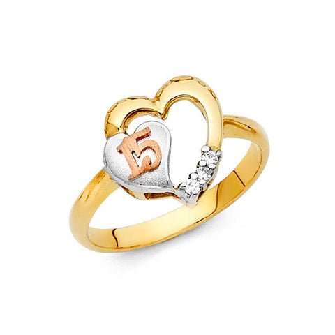 14K Tri Color 12mm Clear CZ 15 Years Heart Ring