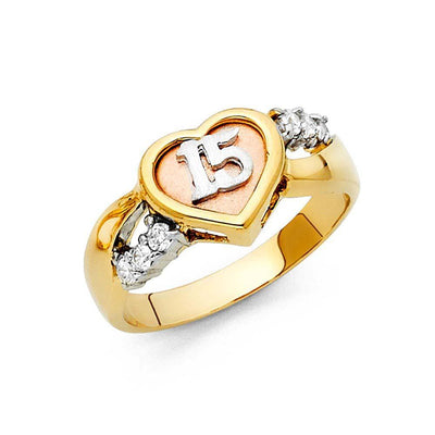 14K Tri Color 10mm Clear CZ 15 Years Heart Ring - silverdepot