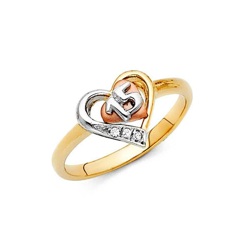 14K Tri Color 10mm Heart Clear CZ 15 Years Ring