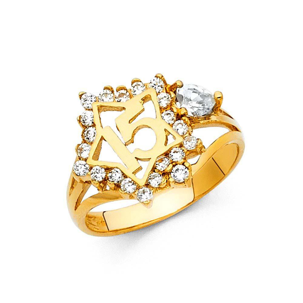 14K Yellow Gold 15mm 15 Years Clear CZ Star Ring - silverdepot