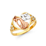 14K Tri Color 12mm 15 Years Clear CZ Heart Ring