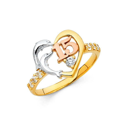 14K Tri Color 12mm 15 Years Clear CZ Heart Ring - silverdepot