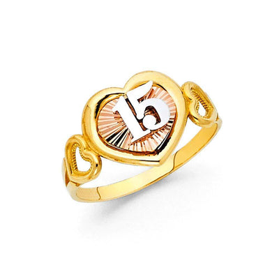 14K Tri Color 11mm 15 Years Heart Ring - silverdepot