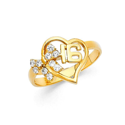 14K Yellow Gold 12mm 16 Years Clear CZ Ring - silverdepot