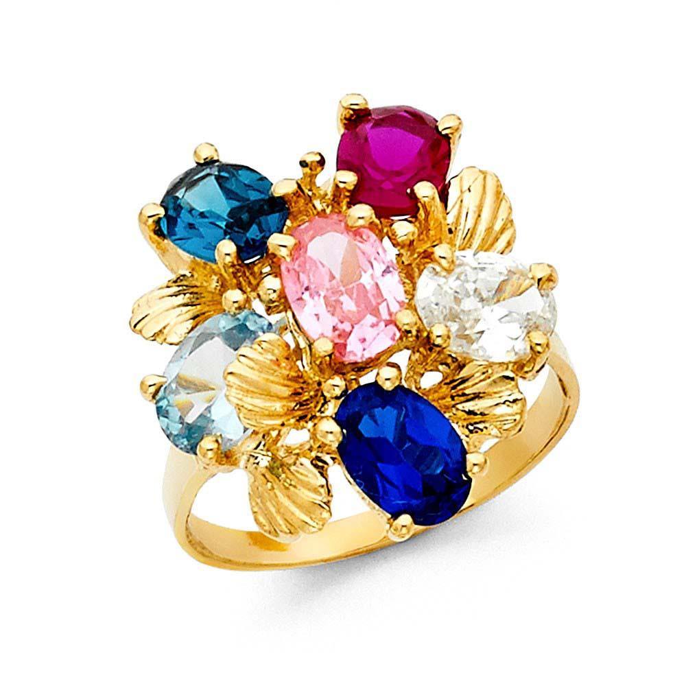 14K Yellow Gold Multi Color Cluster CZ Ring