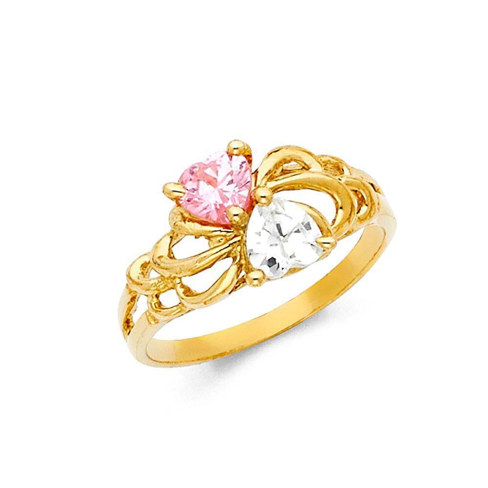 14K Yellow Gold Pink and Clear Heart Shape CZ Ring
